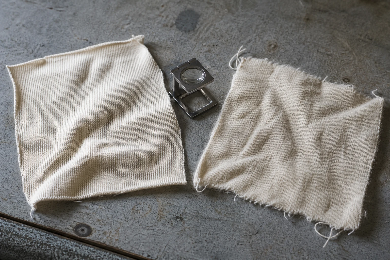 Side-by-side macro view of smooth combed cotton and fuzzier regular cotton fabric