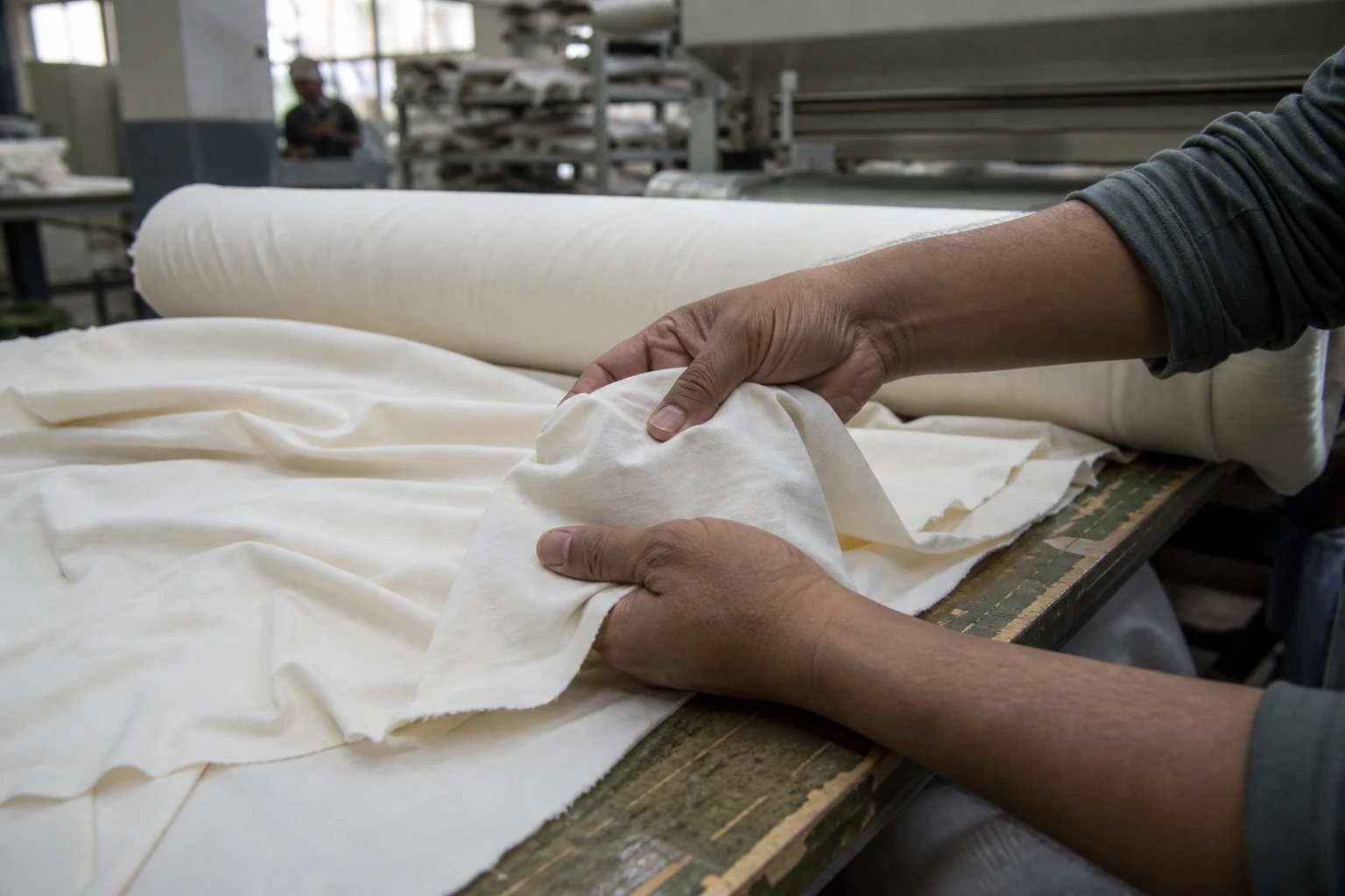Factory inspector checking the surface and hand feel of combed cotton jersey