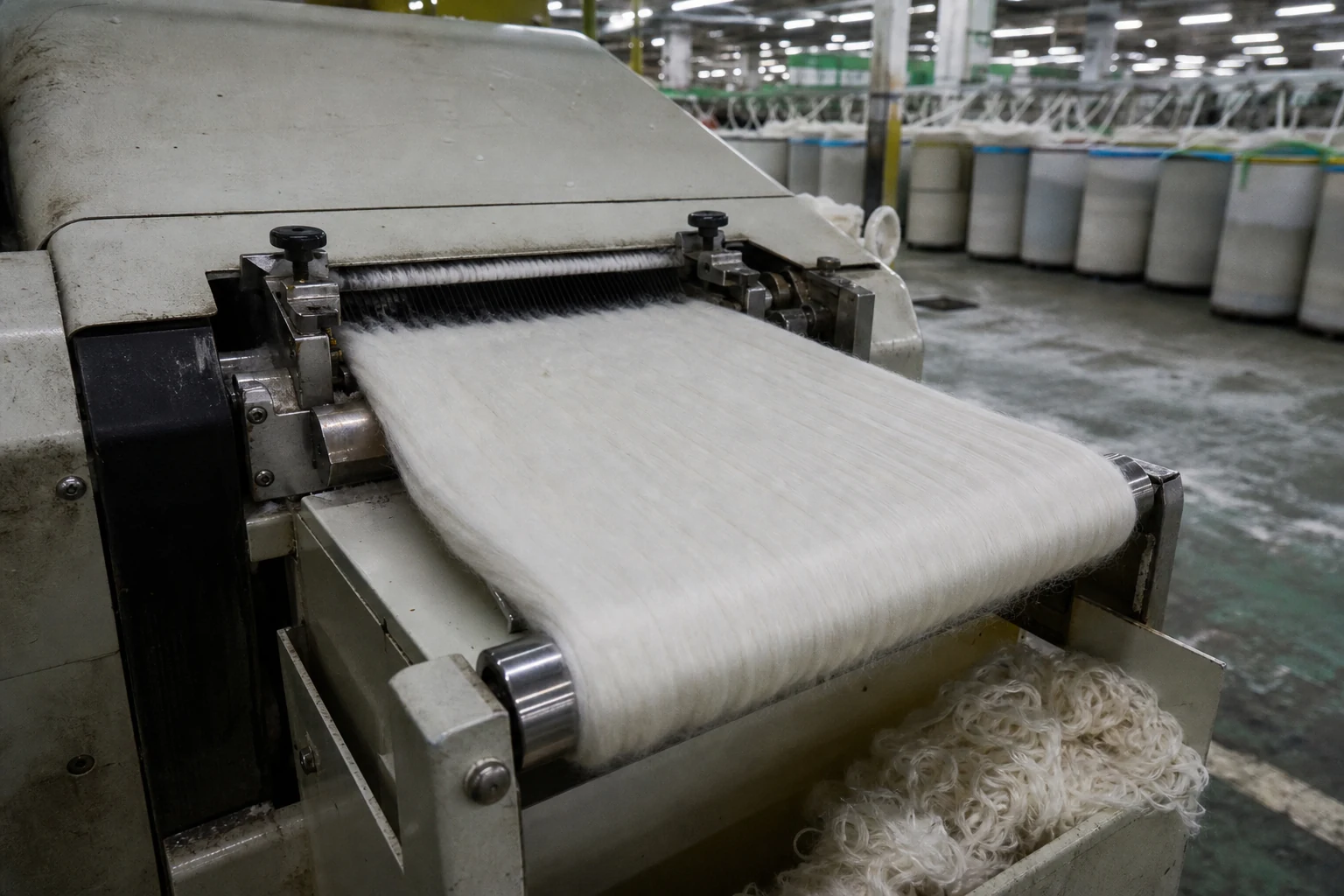 Cotton fibers aligned through a combing machine in a working spinning mill
