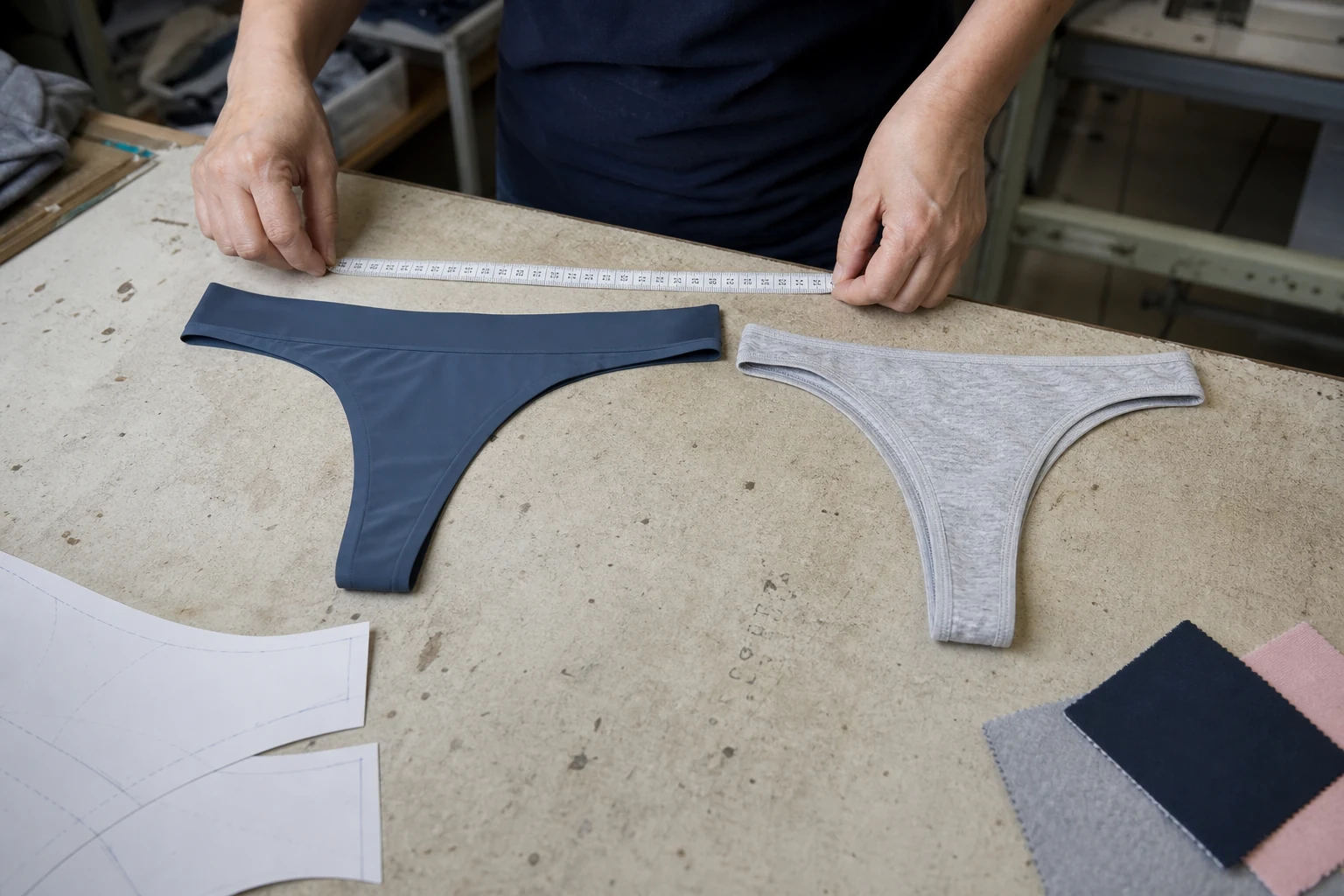 Sports thong and regular thong samples compared on a garment inspection table