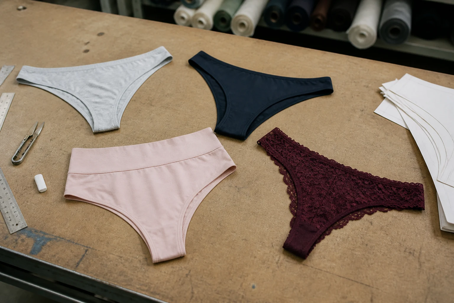 Classic, sports, high-waisted, and lace thong samples arranged on a factory table
