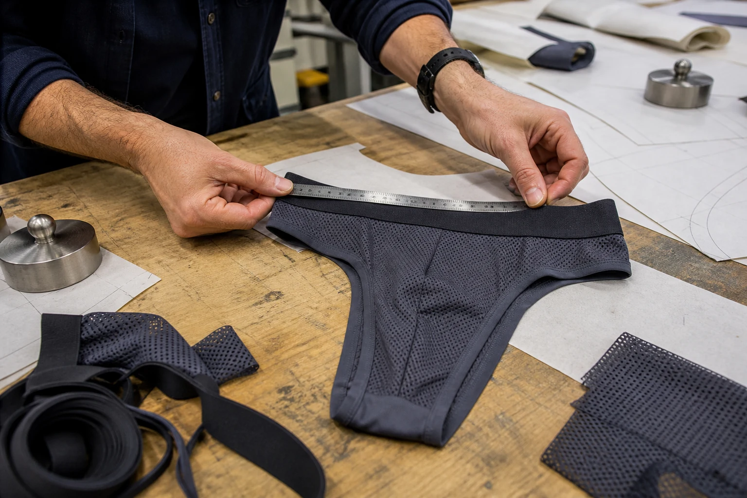 Men's athletic thong sample measured on a sports underwear development table