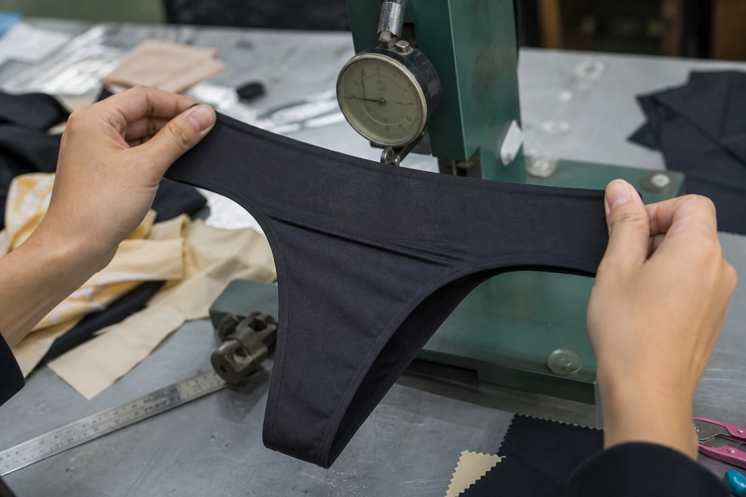 Technician testing the stretch recovery of seamless thong fabric