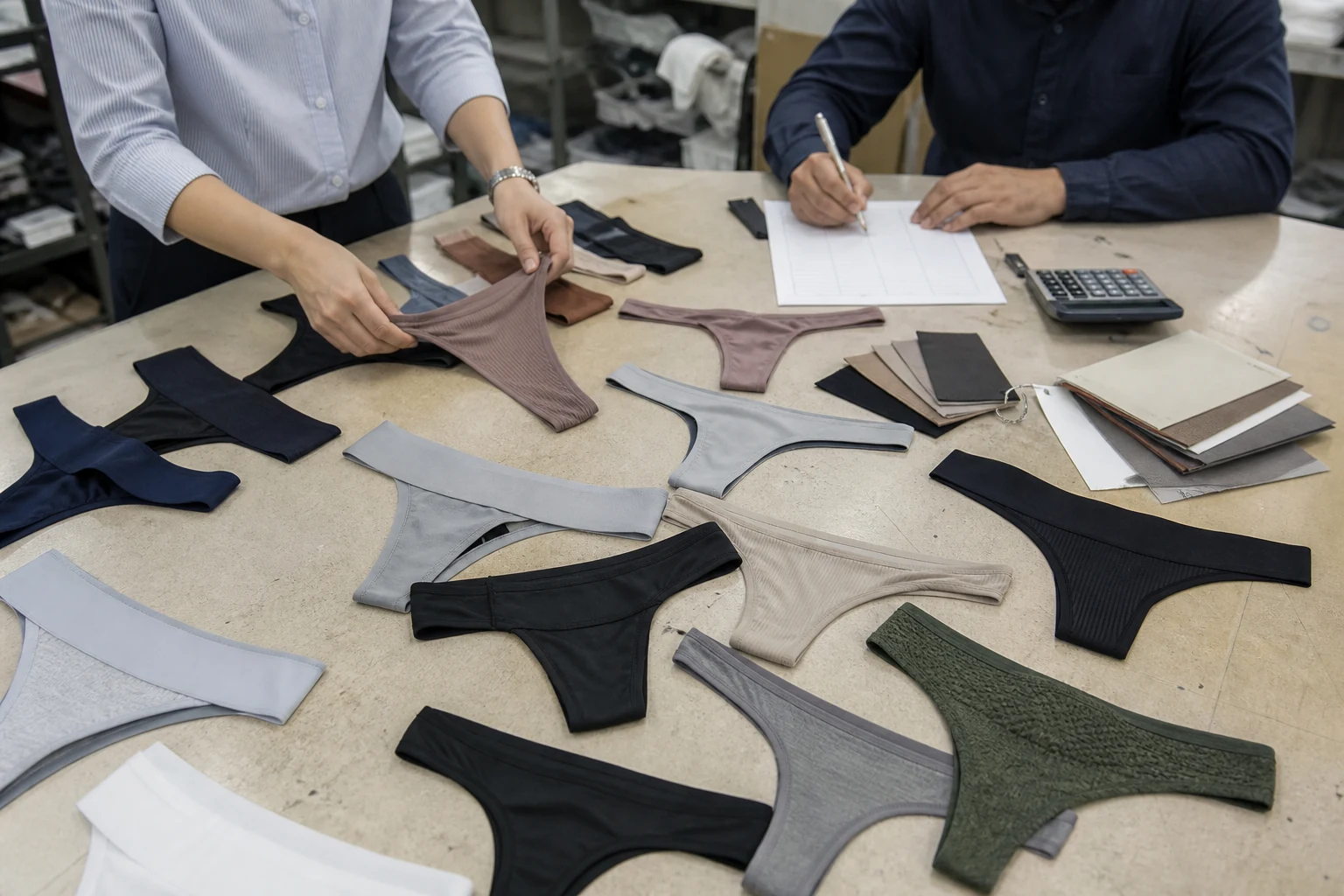 Merchandiser reviewing an assortment of sports and regular thong samples