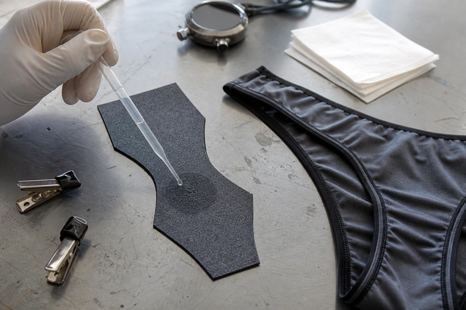 Textile technician testing water absorption on quick-dry thong fabric